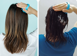 Anwendung der Shampoobürste auf trockenem und nassem Haar – Modell in Blau, geliefert wird Grau